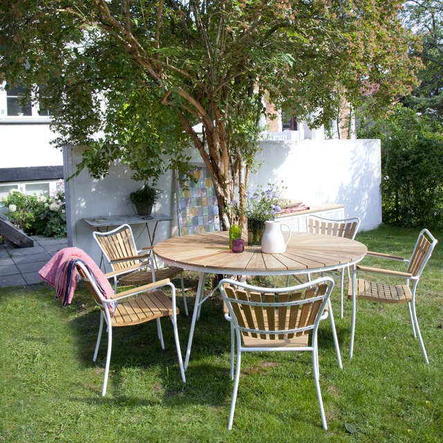 Ellen sæt, teak & hvid alu Ø130cm + 5 stole