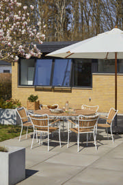 Ellen sæt, 1 bord Ø150 cm +6 stole, hvid alu/teak